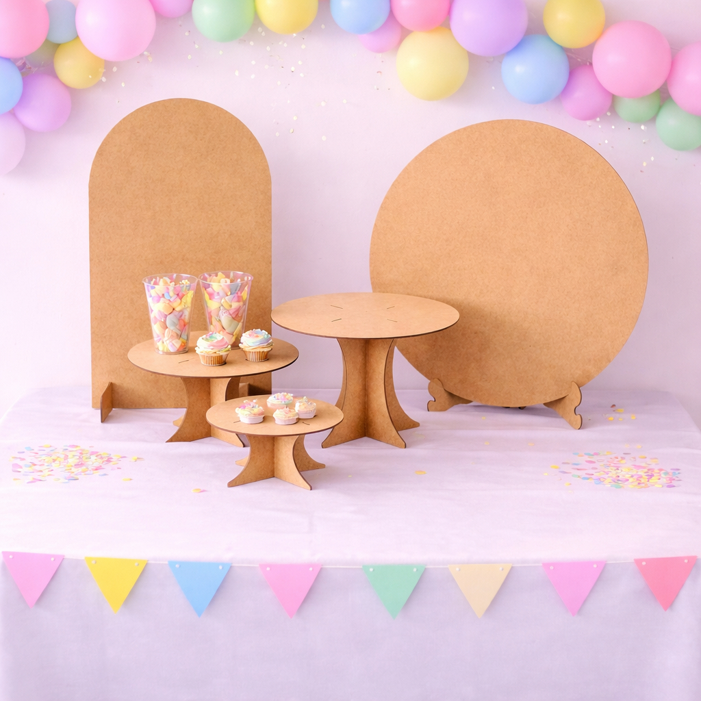 Kit Decoração de Festa Mesa Trio Boleira Painel Redondo e Painel Romano Mdf em Oferta na Shopee