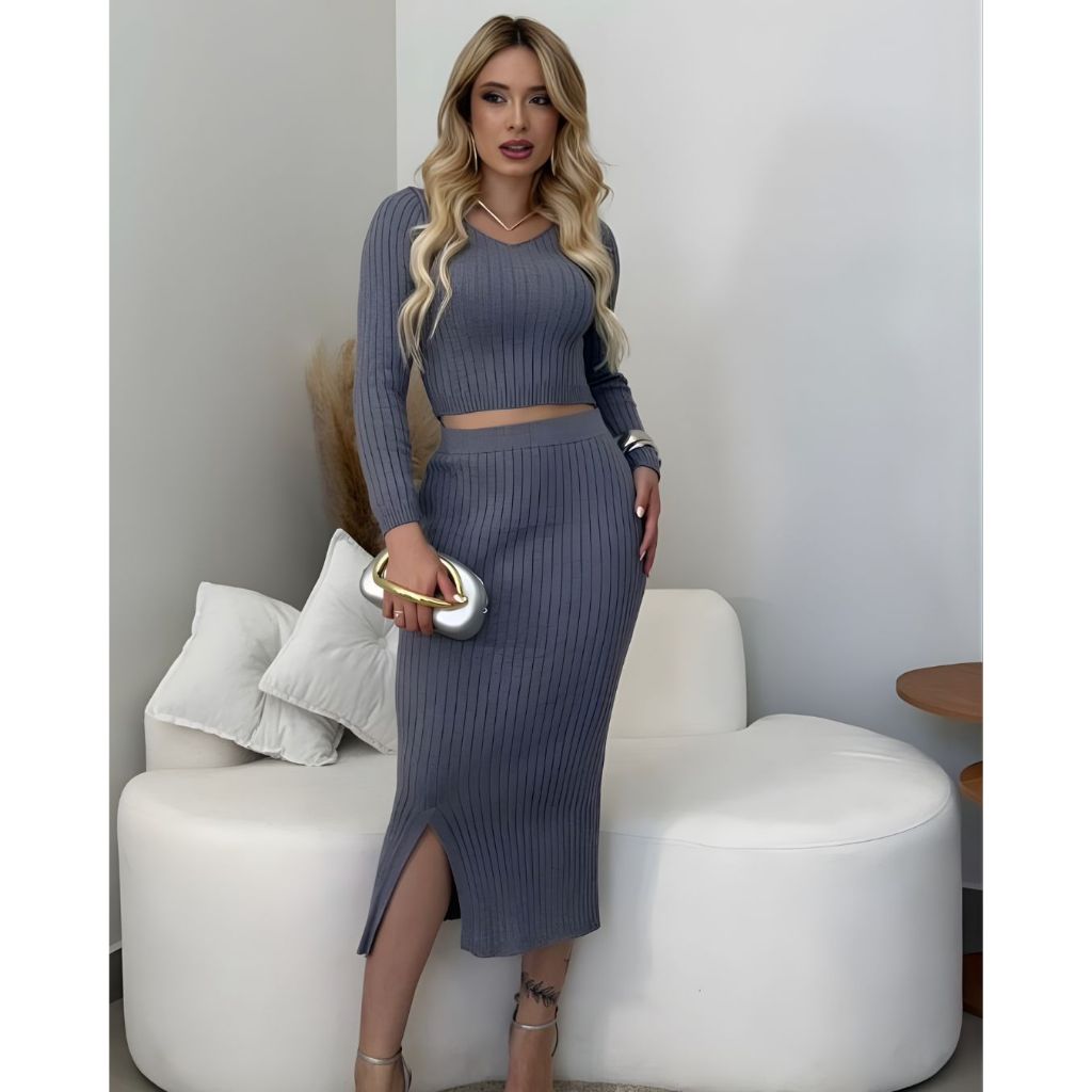 Conjunto Feminino Tricô Modal Canelado Cropped Manga Comprida E Saia Midi Fenda Frontal Moda Inverno
