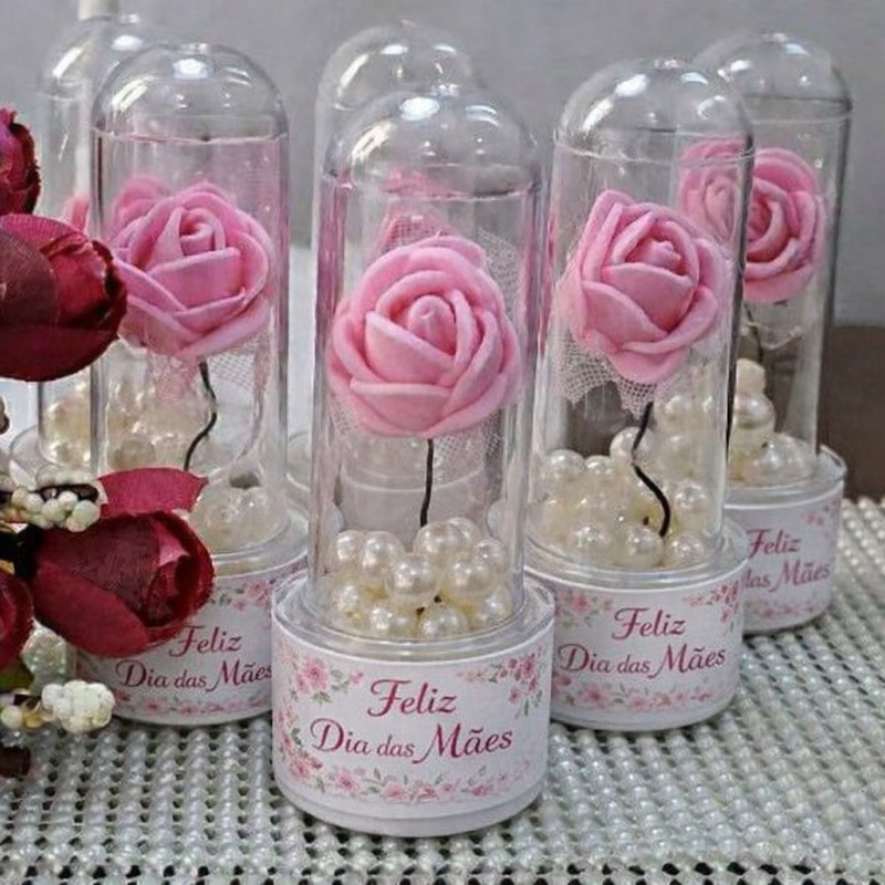 Lembrancinhas Dia das Mães 🌷 Kit 20 a 40 Unidades Personalizadas | Rosa na Cápsula + Pérolas | Pronta em 3 Dias
