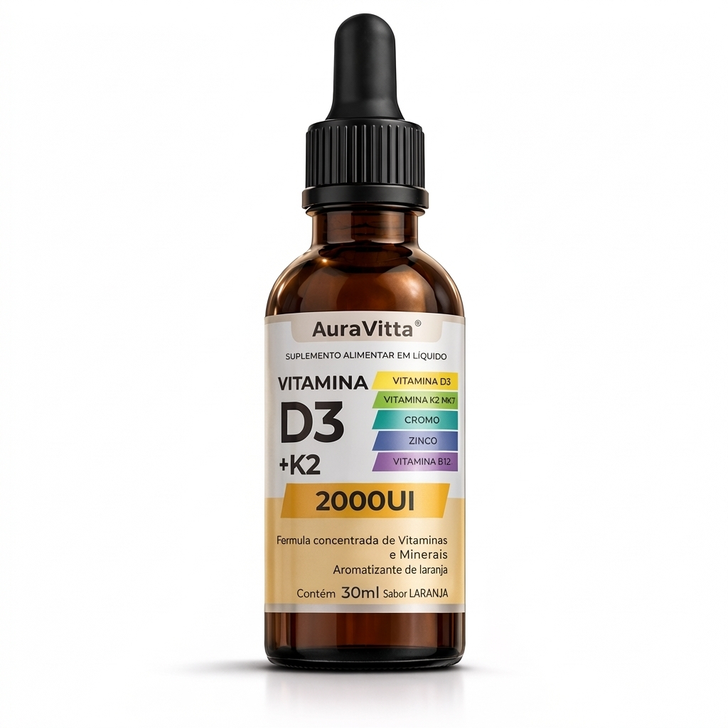 Vitamina D3 K2 MK7 30ml AuraVitta | B12 Ativa, Zinco e Cromo Zero Açúcar Sabor Laranja Alta Absorção
