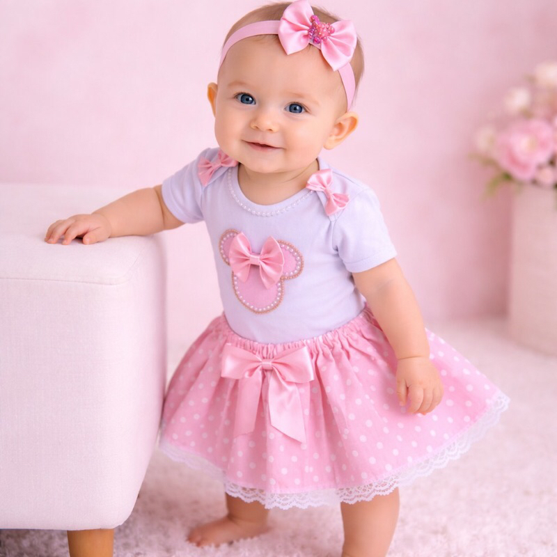 Conjunto Infantil Minnie Rosa com Saia e Faixa – Body Bordado com Pérolas – Tamanho G – Pronta Entrega
