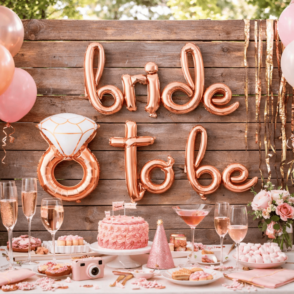 Kit Balão Metalizado Bride To Be + Anel Letra Cursiva Metalizado 3 cores Dourado Rose Gold Prata Casamento Despedida