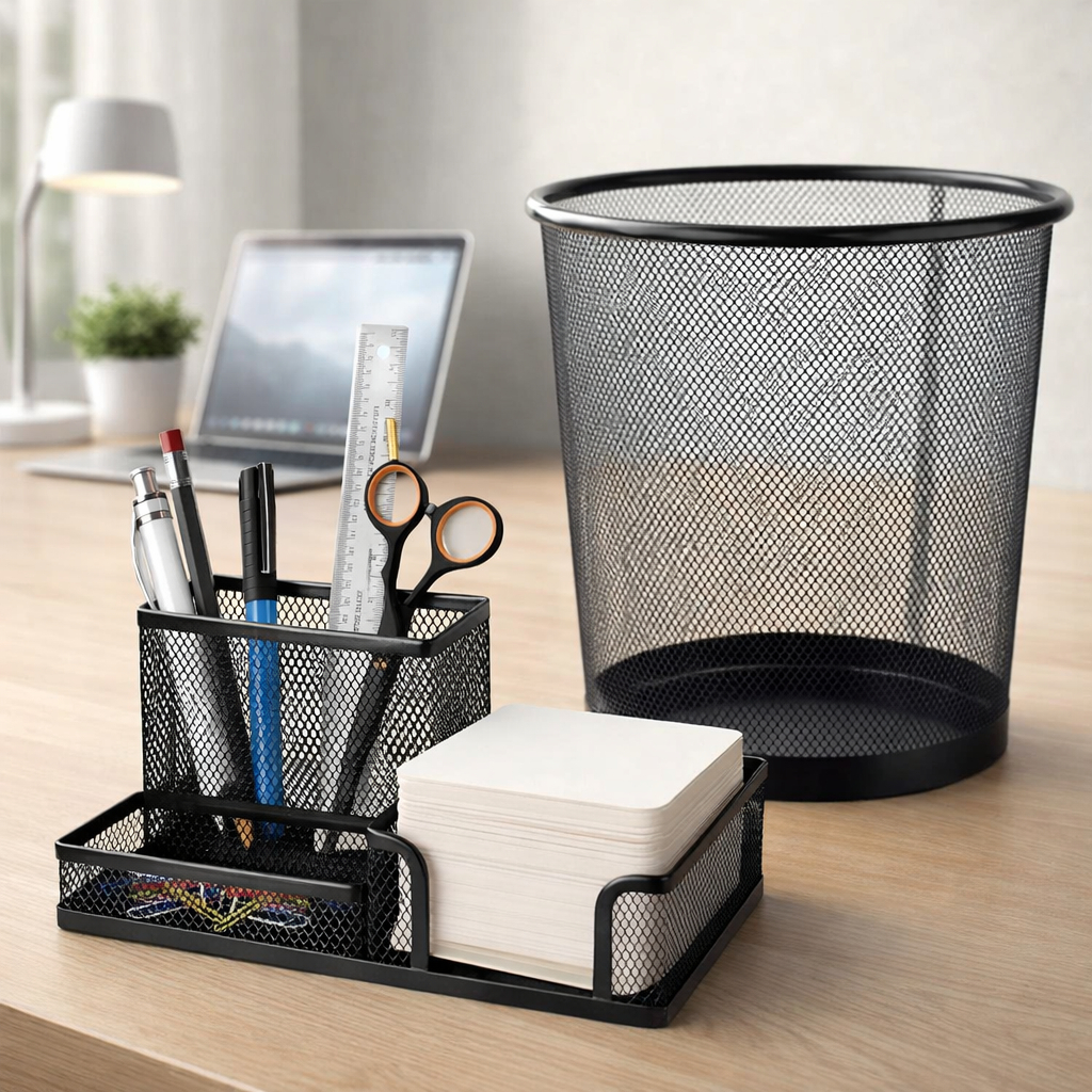 Kit Lixeira 10 Litros Escritório Metalizada Telada Com Porta Trecos Organizador de Mesa Metal em Oferta na Shopee