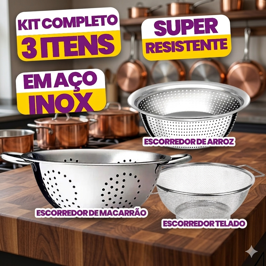 Kit Escorredores Massa + Arroz + Legumes Inox Alta Qualidade Premium Grande Utensilios Cozinha