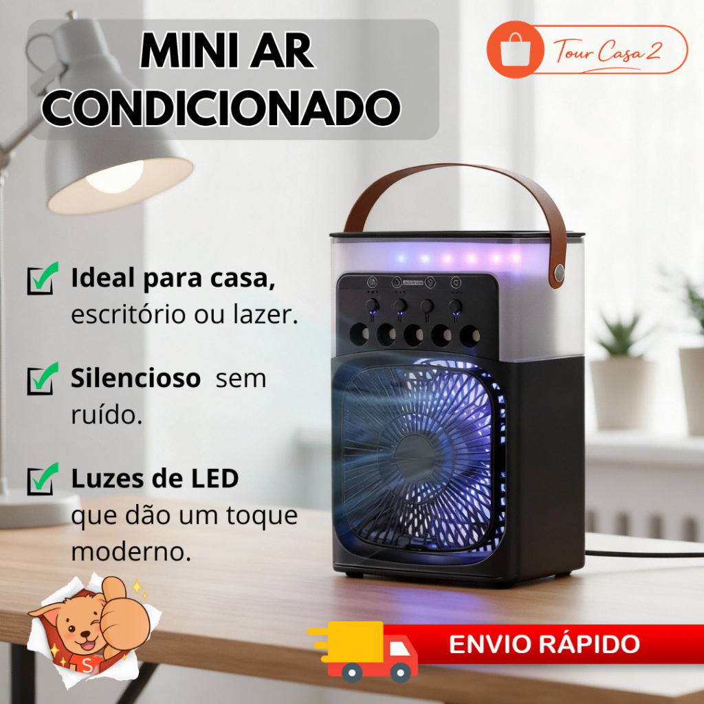 Mini Ar Condicionado Ventilador Umidificador Portátil LED 10W Reservatório Água e Gelo Verão Calor