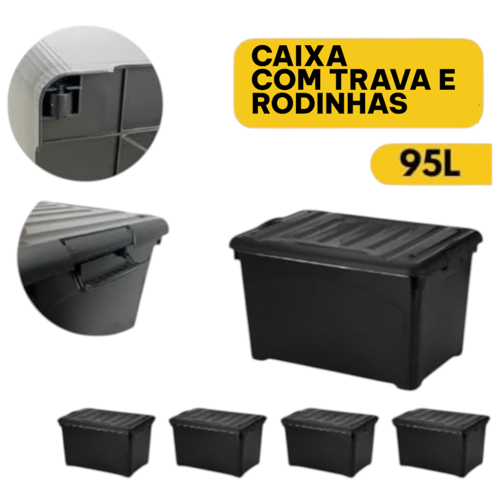 Caixa Organizadora 95 Litros com Tampa, Rodinhas e Trava Reforçada Multiuso Preta - Caixa Container