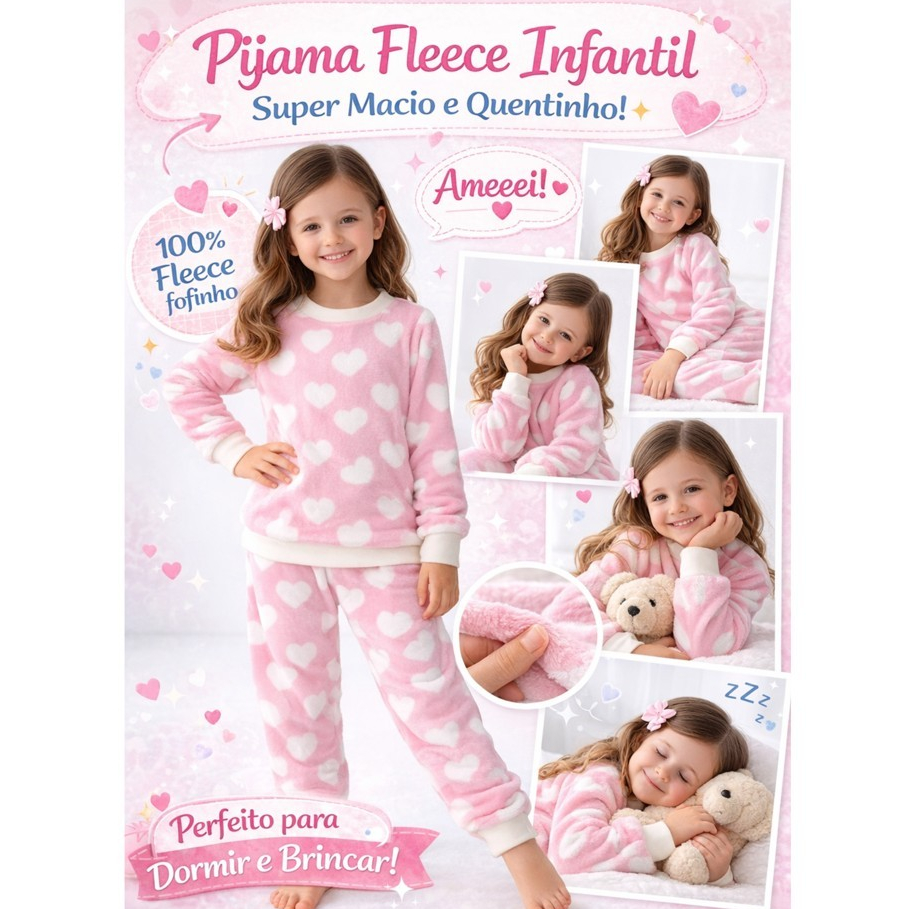 Pijama infantil Feminino soft Fleece Inverno Fechado Quentinho Menina do Tamanho 2 Ao 12