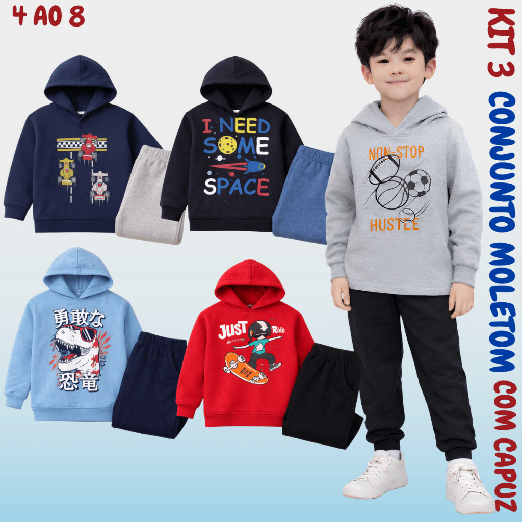 Kit 3 Conjunto Capuz Moletom Tam 4 ao 8 Inverno Masculino Confortável Estampado Gatinho Escola Macio