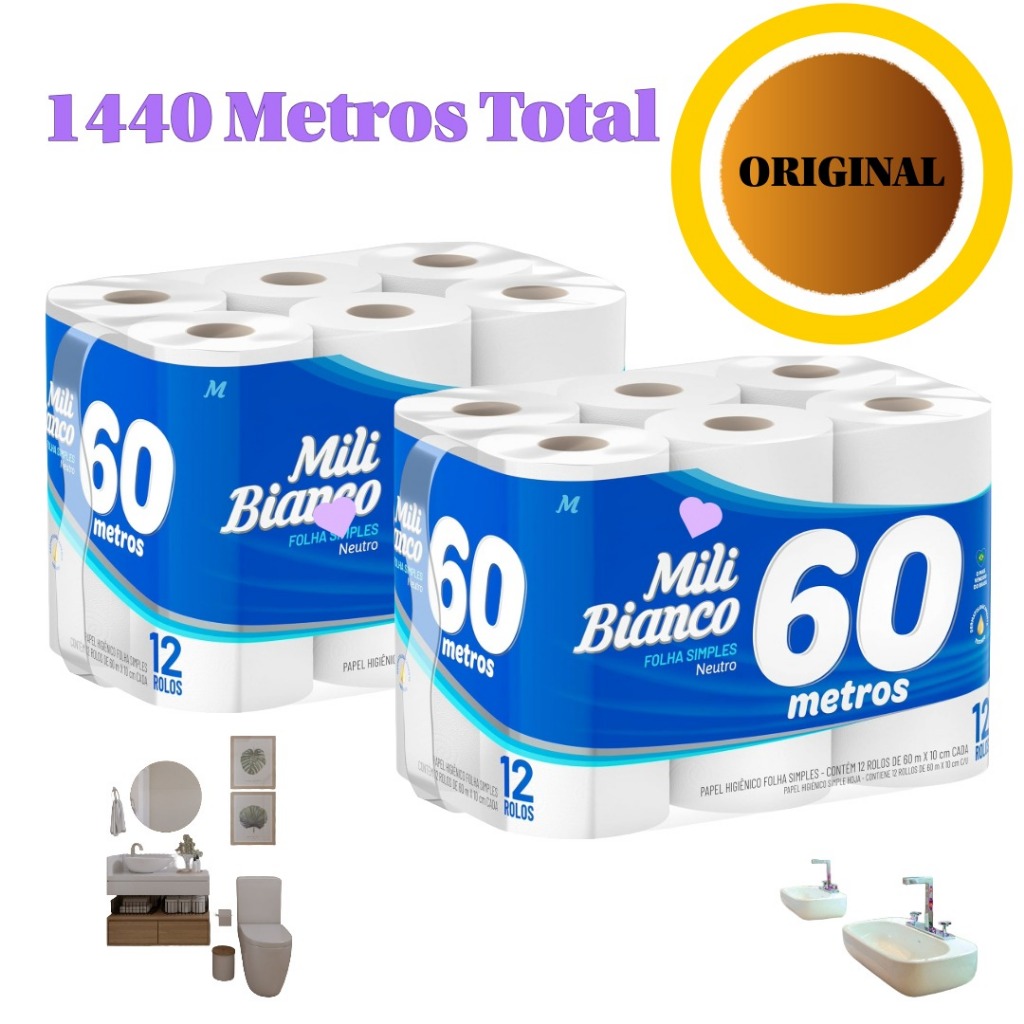 Kit C/2 Fardos Papeis Higiênico Mili Bianco 24 Rolos Total