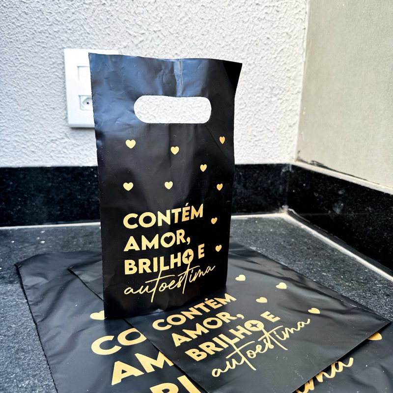 25/50 Sacola Plastica Boca de Palhaço | Preta | Contém amor, brilho e autoestima | Joias | Acessórios em Oferta na Shopee