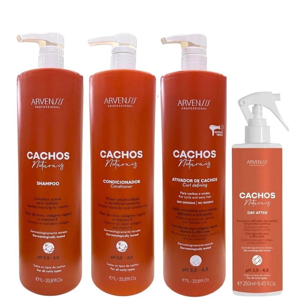 Kit Arvensis Professional Cachos Naturais - Shampoo 1L + Condicionador 1L + Ativador De Cachos 1L + Day After 250ml