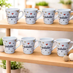 Jogo Caneca Porcelana 120ml Personalizada Gratidão Cafe Xicara Chá