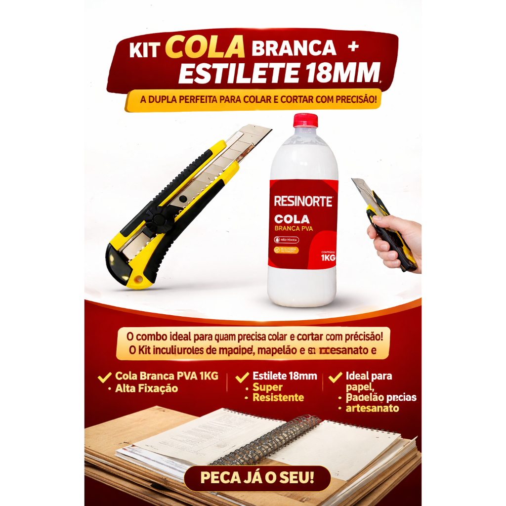 Kit Profissional: Cola Branca 1kg + Estilete 18mm com Lâmina Reforçada