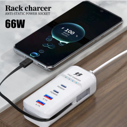 Hub Carregador Turbo 66W 4 Portas USB E Tipo-C Bivolt Universal Extensão 4 Portas 66W Carregamento Rápido