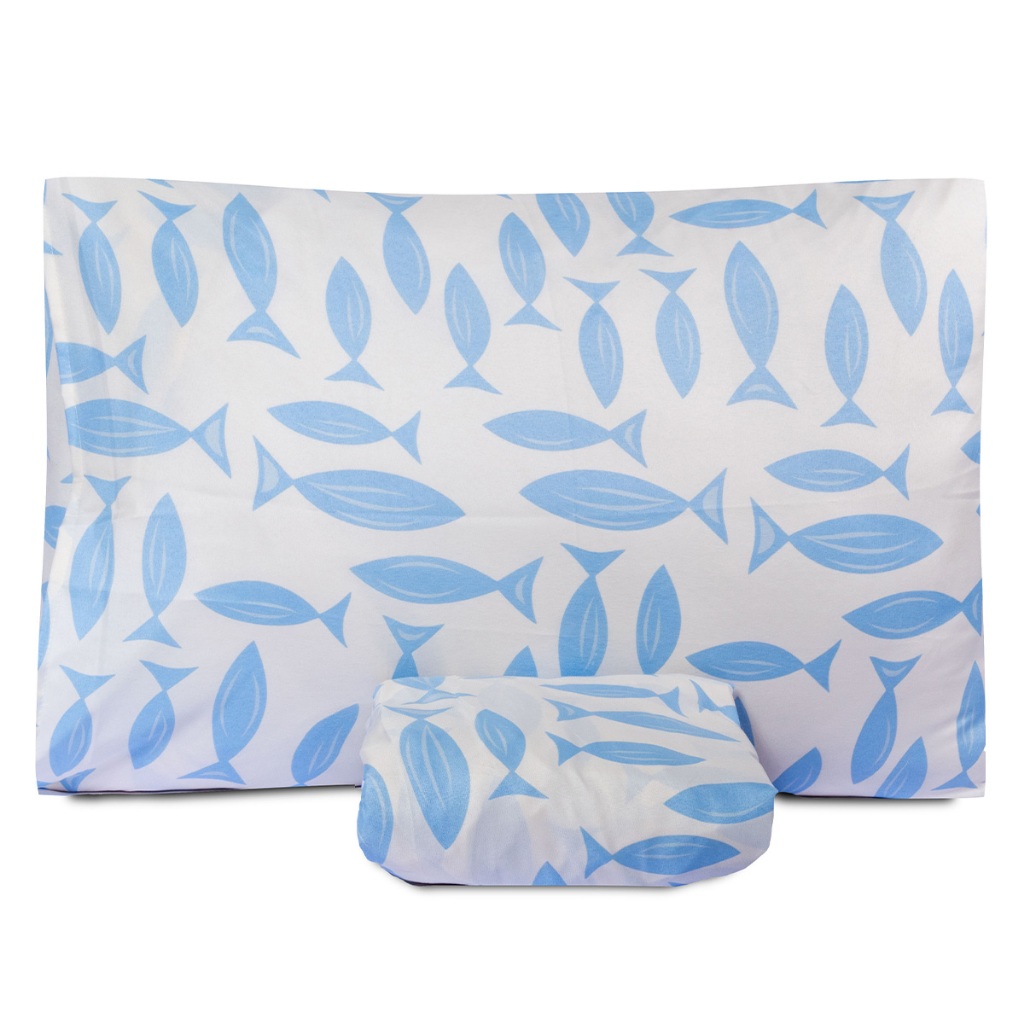 Jogo de Lençol Com Elástico Solteiro Basic Estampado - Jogo de Cama 2 Peças Estampa Sardinha Azul 180 Fios