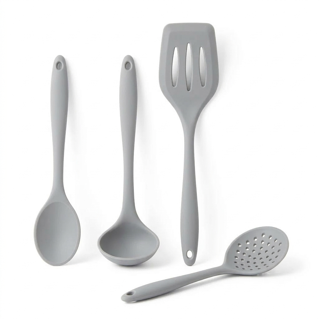 ECOs Kit Utensílios Cozinha Silicone 4 Peças Espátula Vazada Colher Concha Escumadeira Inteiriça Não Risca Panela