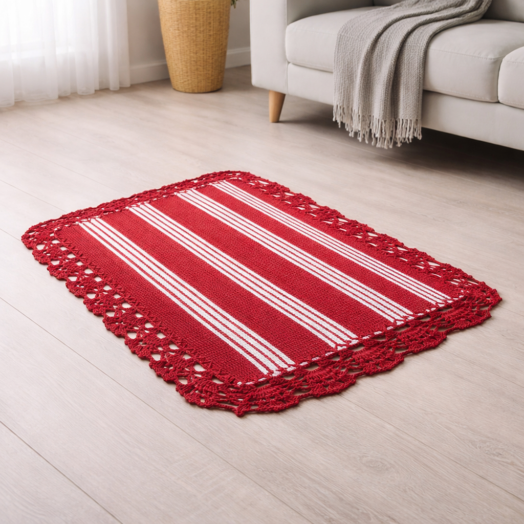Tapete em Tear Borda de Crochê Decorativo para Casa Sala Cozinha ou Quarto —  Antiderrapante Durável