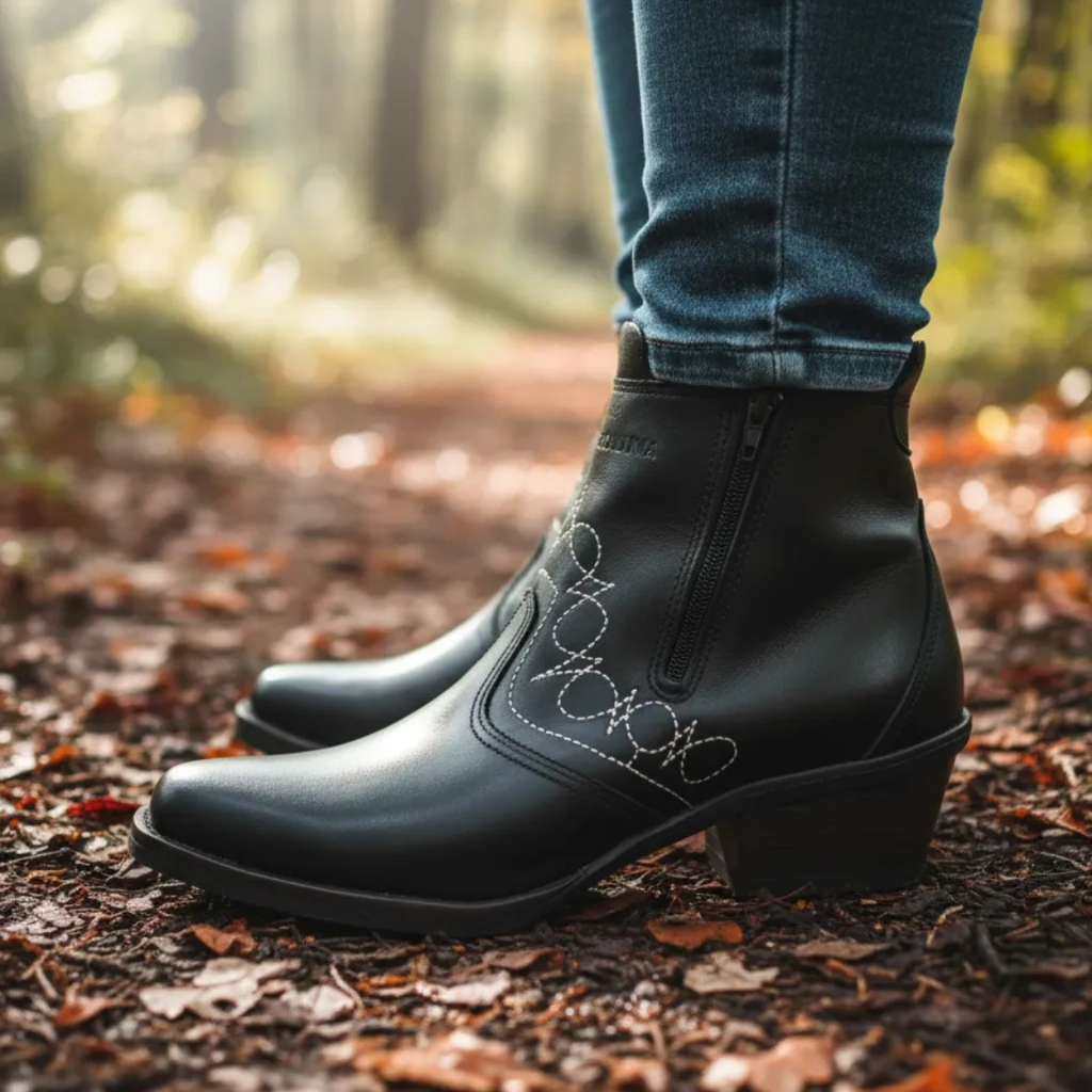 Bota Country Com Ziper botina Cor Preta Botinha Feminina Mulher Menina Moça Couro Legitimo Solado Costurado Modelo 3536