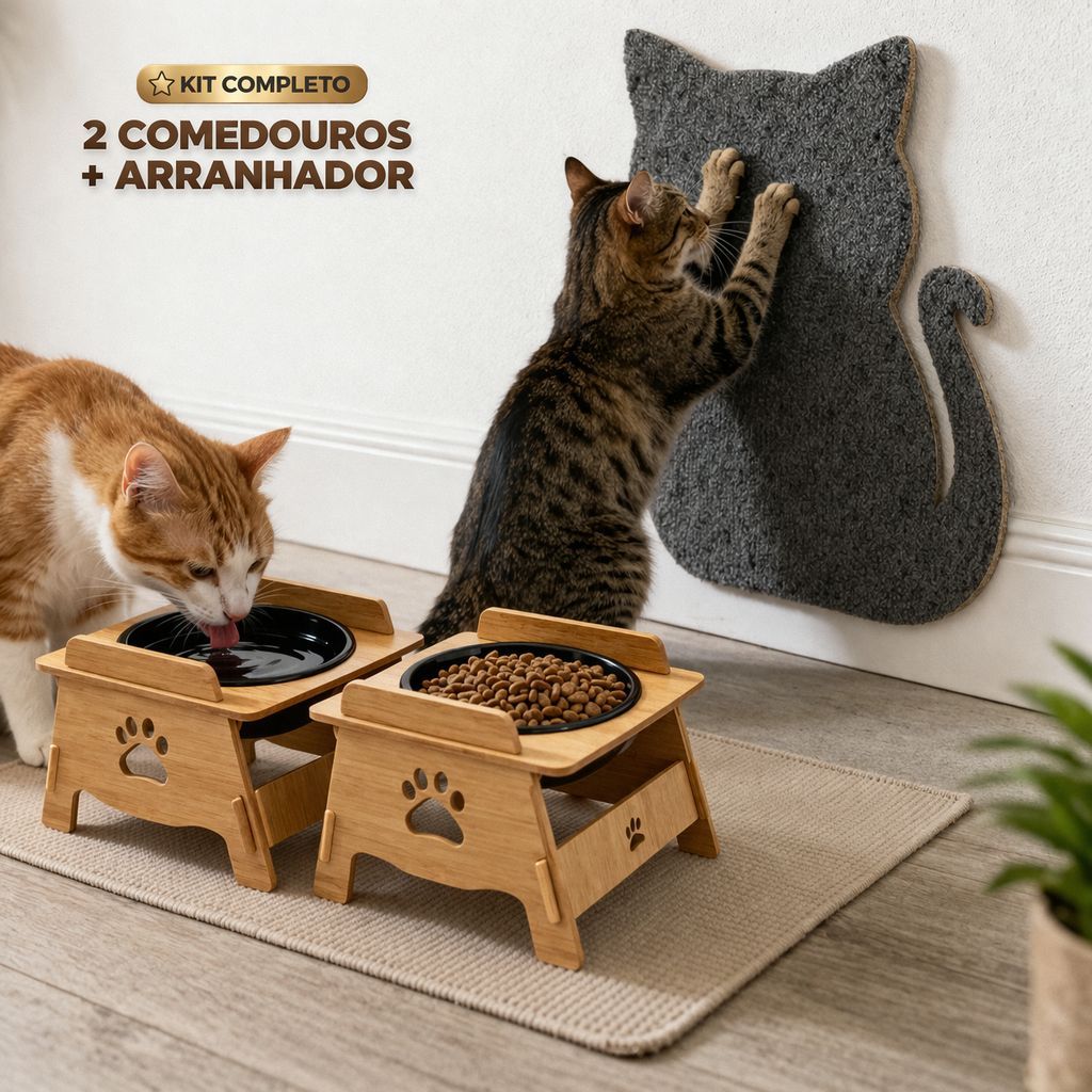 KIT ARRANHADOR GATO PAREDE ADESIVO PROTETOR MOVEIS PAREDE + 2 COMEDOUROS AGUA RAÇÃO