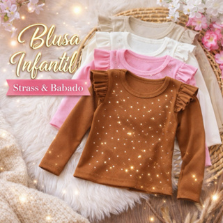Blusa Infantil Feminina Manga Longa com Brilho Strass Babado Menina Moda Inverno 2 a 10 Anos em Oferta na Shopee