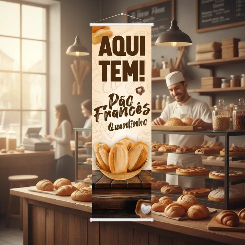Banner Padaria Material Durável Faixa Lona Aqui Tem Pão Francês Quentinho Padaria 100x30