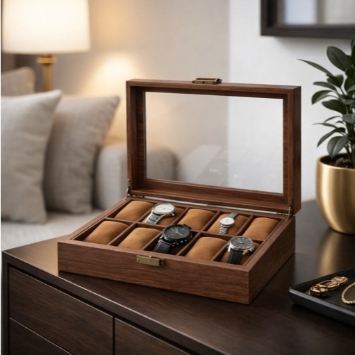 Porta Relógio de Madeira Luxo 3 6 10 Espaços Organizador Caixa com Vidro Porta Joia Premium