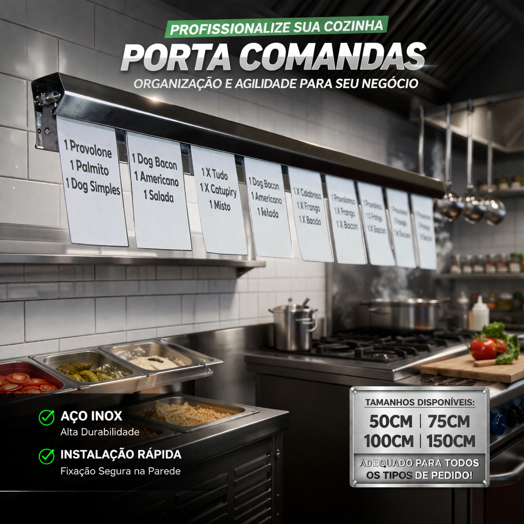 Porta Comandas Inox 50 75 100 150cm Organizador de Pedidos Cozinha Profissional Alta Durabilidade