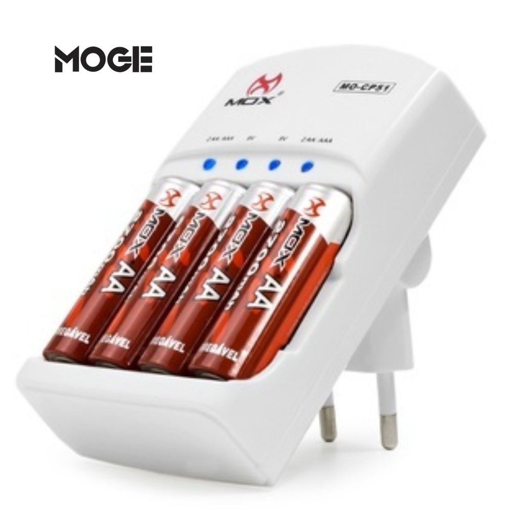 Kit Carregador MOX MO-CP51 + 4 Pilhas AA 2600mAh | Auto Stop Bivolt