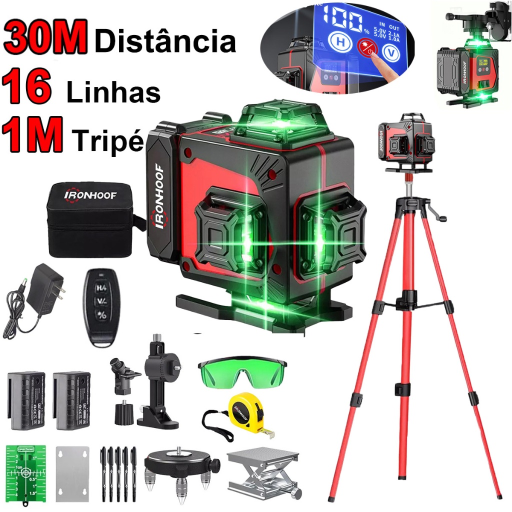 16/2 Linhas Nivel A Laser Com Tripé Profissional Verde 2 Bateria