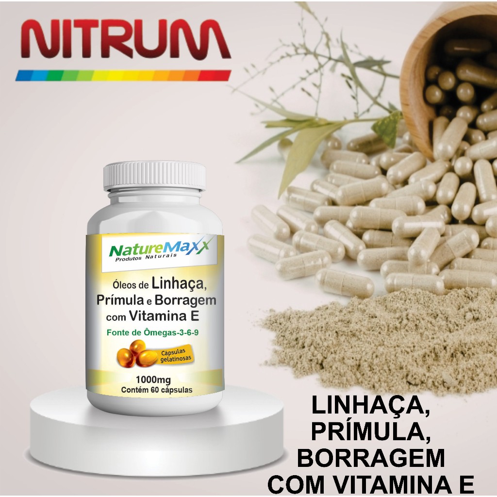 Óleo de Linhaça Prímula Borragem + Vitamina E 1000mg C/60 Cápsulas Menopausa - suplemento alimentar - NitrumCaps