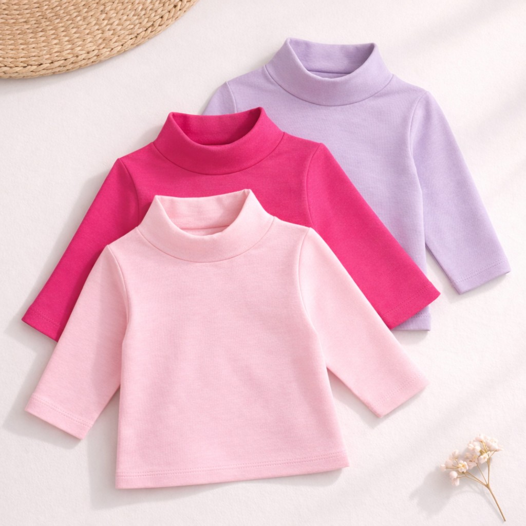 Kit 3 Blusas Infantil Menina Gola Alta Cotton | Manga Longa Meia Estação Roupa Escolar