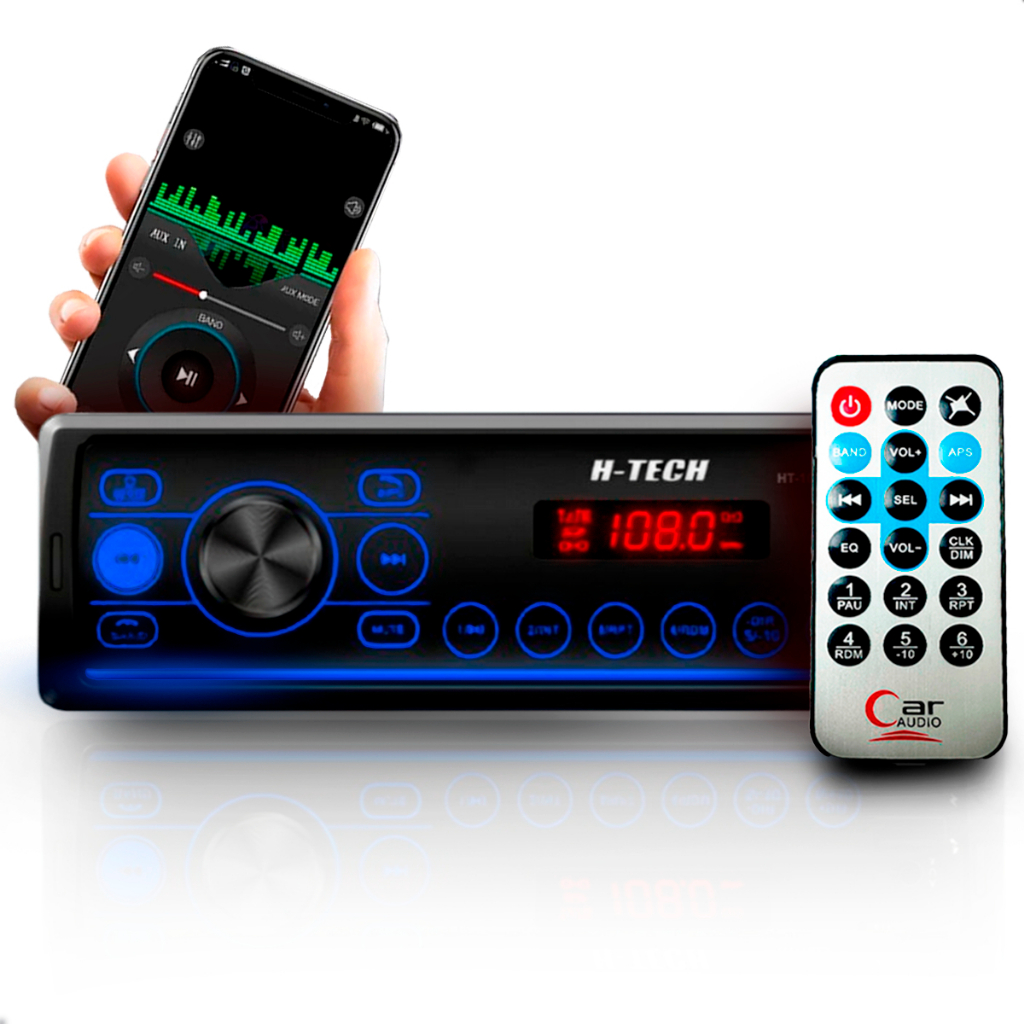 Leitor MP3  Automotivo Bluetooth USB AUX H-TECH HT1015 C/ Controle e Led Azul em Oferta na Shopee
