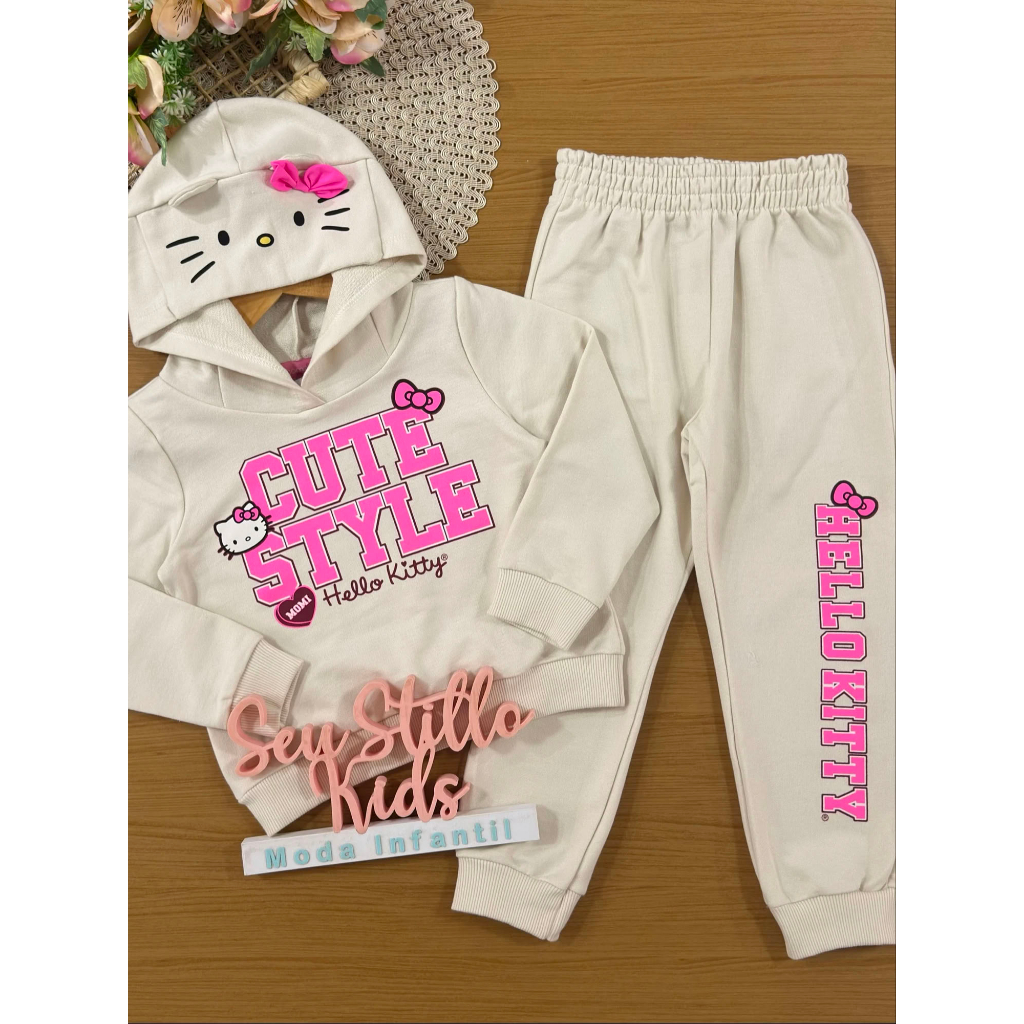 Conjunto Infantil Momi Inverno com Calça e Moletom Bege Hello Kitty Cute Style