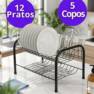 Escorredor de Louça 2 Andares Aço Inox Aramado 12 Pratos 5 Copos com Porta Talheres – Org…