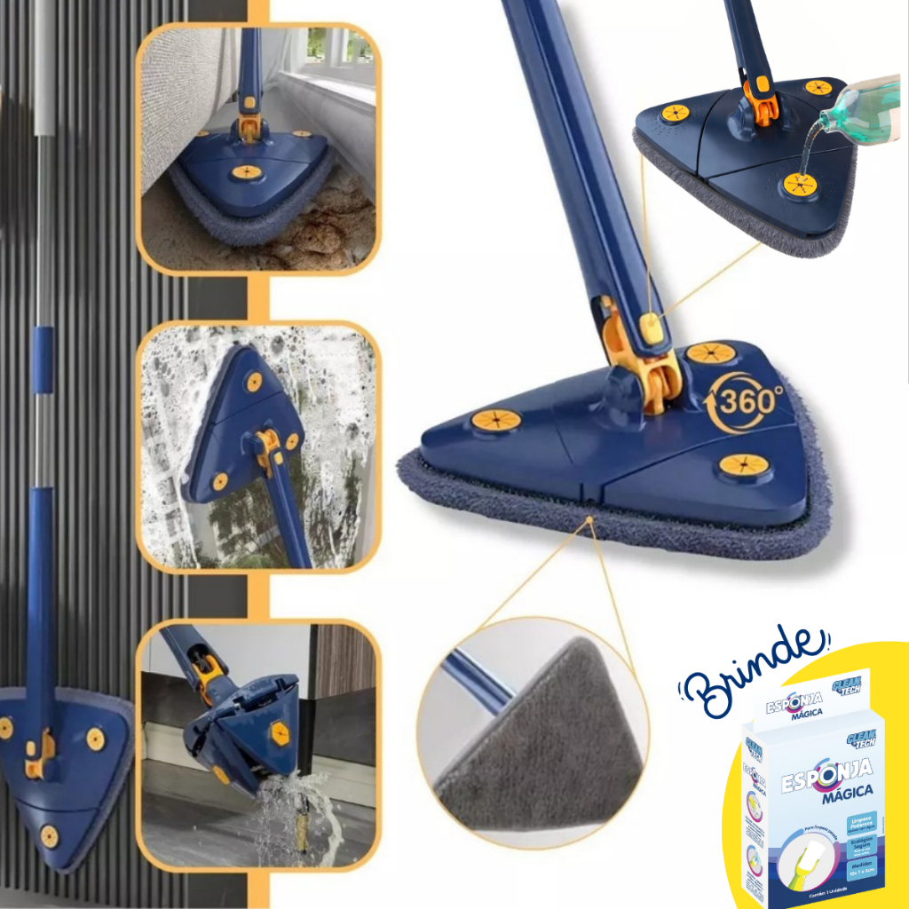Mop Limpeza Esfregão Giratório Triangular Rodo Chão Vidros Janela Teto Limpa Seca ORIGINAL + Esponja