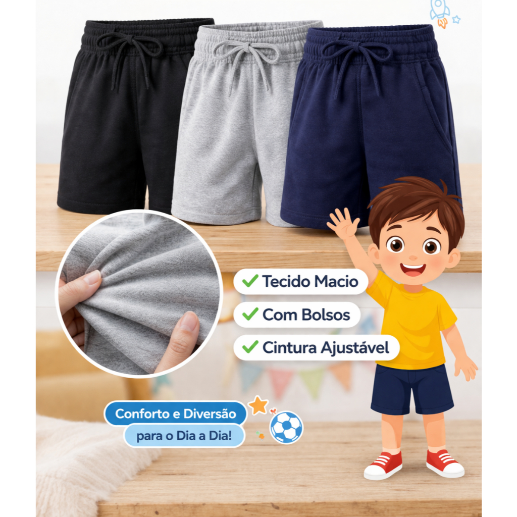 Kit 3 Bermuda Menino Moletinho Tamanho 2 Infantil Shorts Escolar Aula Conforto Creche Short