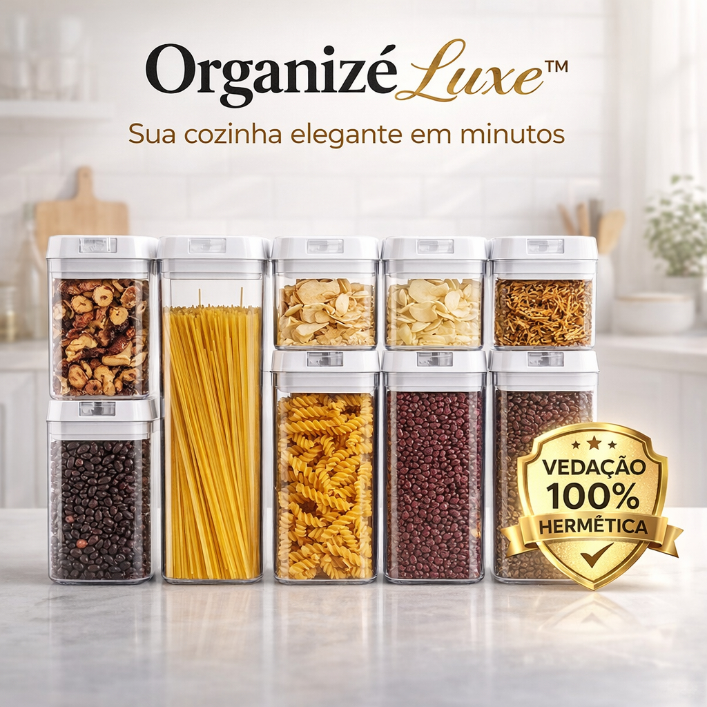 Kit Potes Herméticos Acrílico 7 Peças Organisé Luxe™ Vedação Premium Transparente Organizador de Cozinha Mantém Alimento