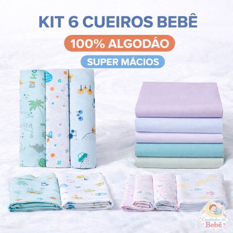 Kit 6 Cueiros Bebê Papi Baby 100% Algodão 80x50 cm Lisos e Estampados Macios em Oferta na Shopee