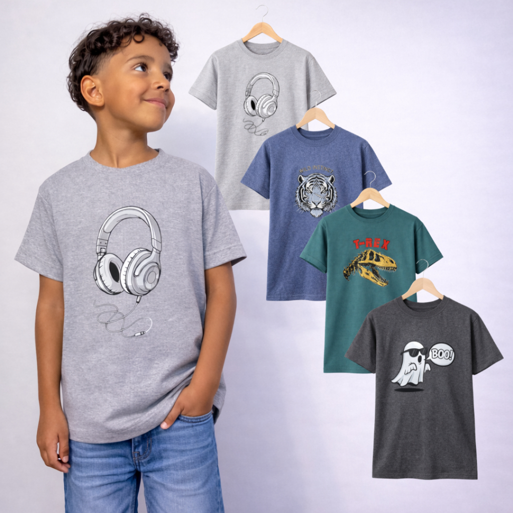 Kit com 4 Camisetas Infantis Masculinas 100% Algodão | 30.1 Penteado | Lisa Básica ou Estampada e divertida Dinossauro
