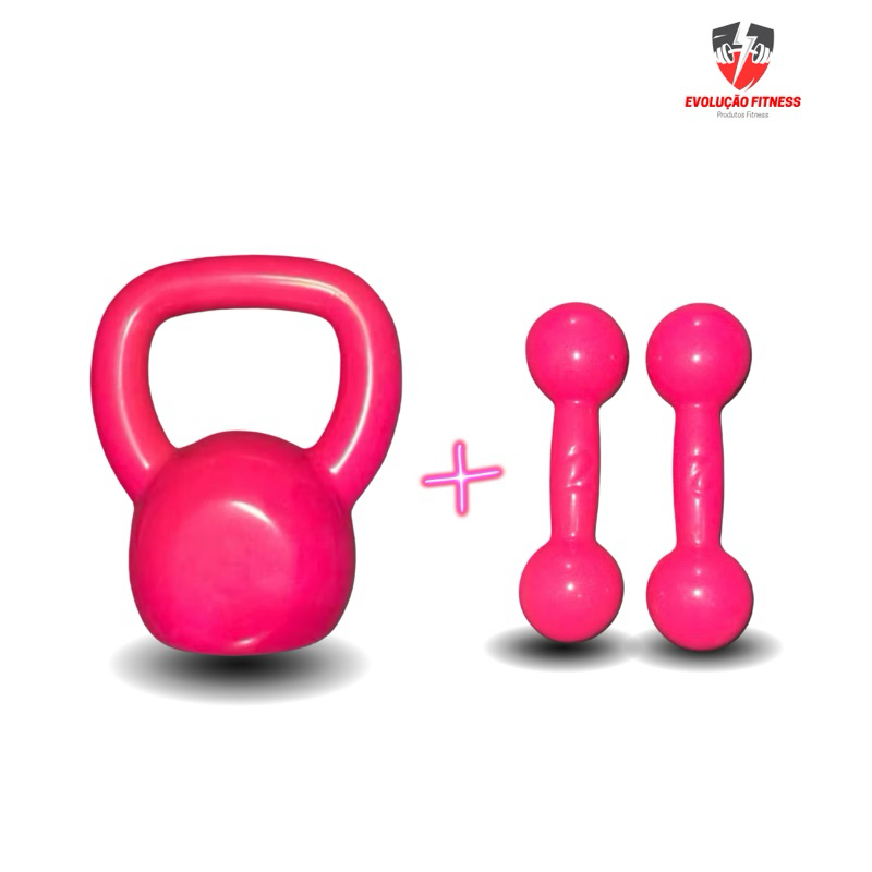Kit Academia Rosa Completo Halter 2kg ou 1kg Par + Kettlebell 4kg Treino em Casa