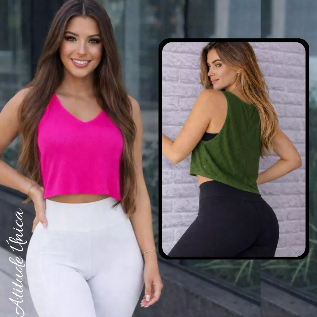 Cropped feminino Academia ) Regata Veste Legging Camisão Tapa Bumbum Camiseta Tule Roupas de Academia Dry Fit Treino — imagem 1