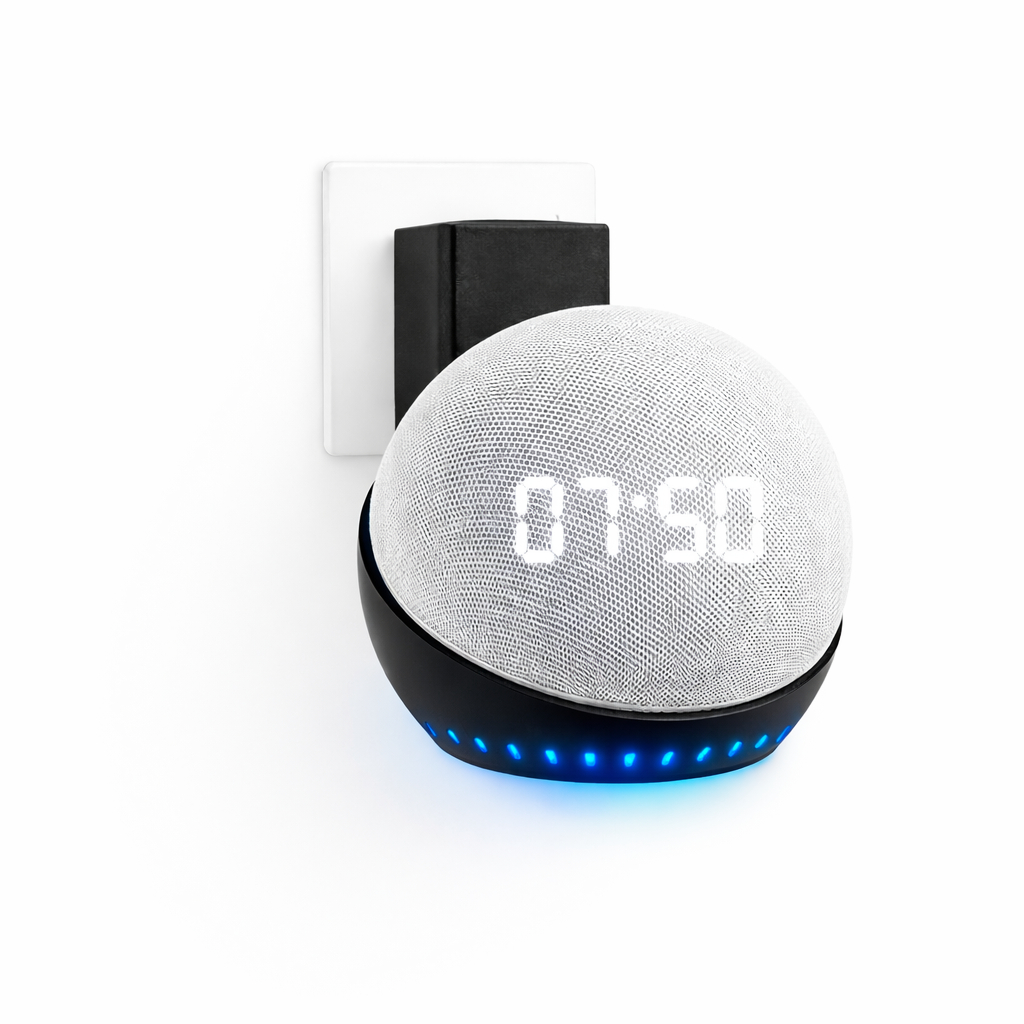 Suporte Parede para Alexa Echo Dot 4 e 5 Geração Tomada Sem Furos Organizador de Cabo Preto/Branco