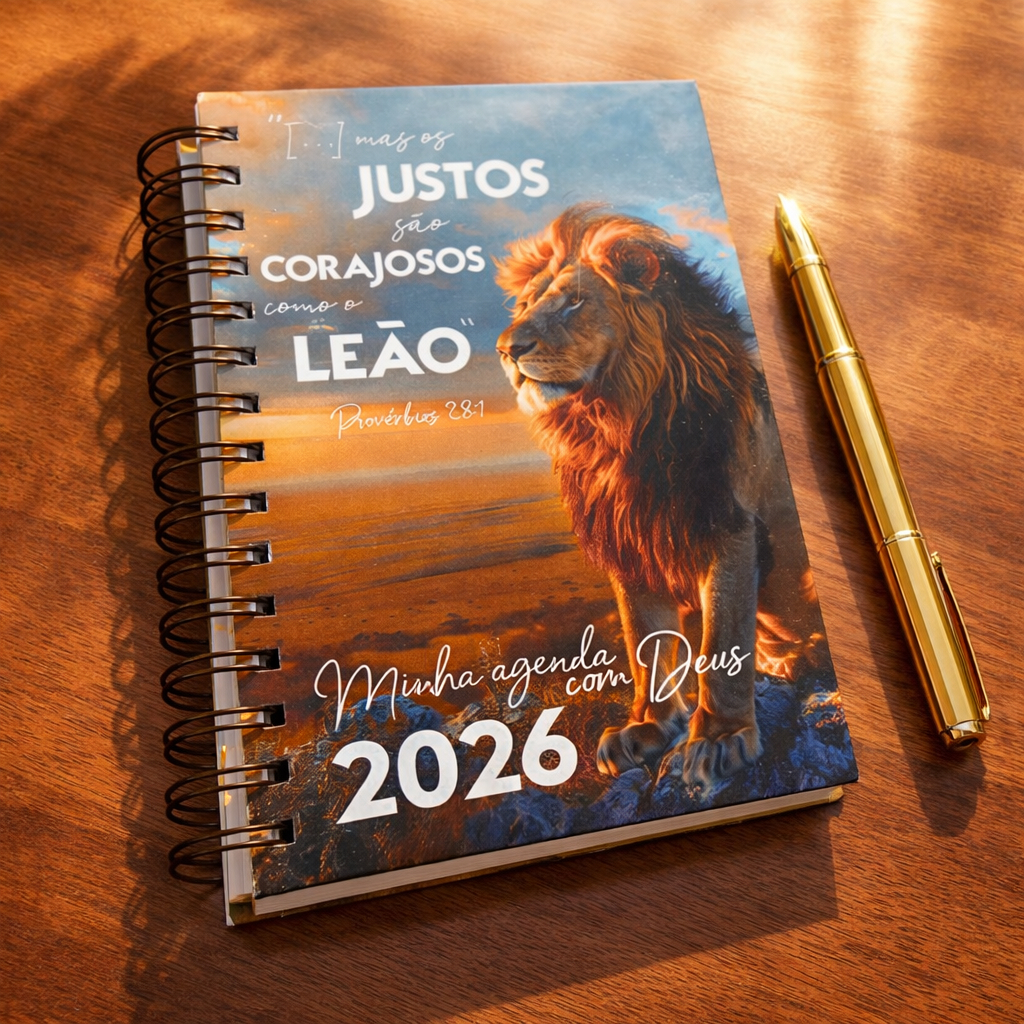 Agenda Cristã 2026 Leão Judá Capa Espiral 1 dia por página + agenda telefone + versículos bíblicos