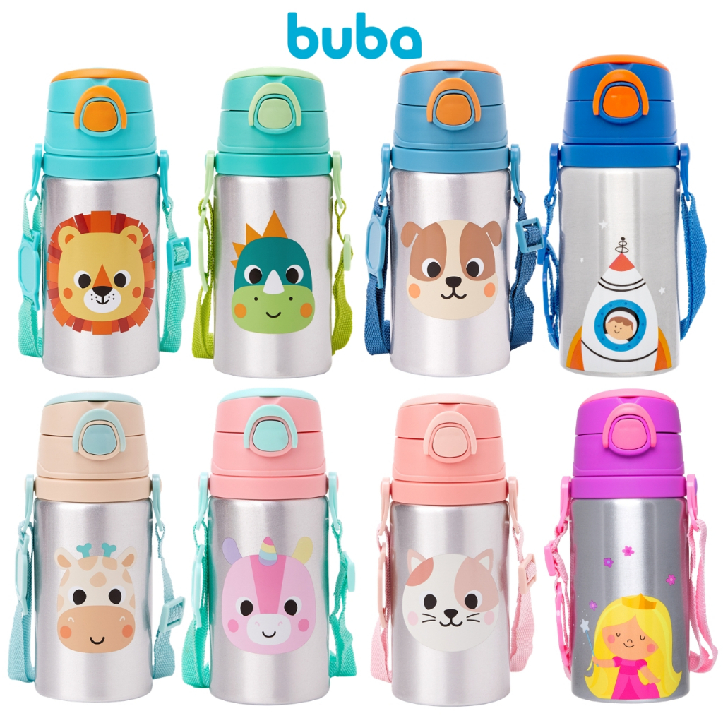 Lançamento Garrafinha Alumínio Infantil Novos Modelos 2026 Buba Canudo Silicone Animal Fun