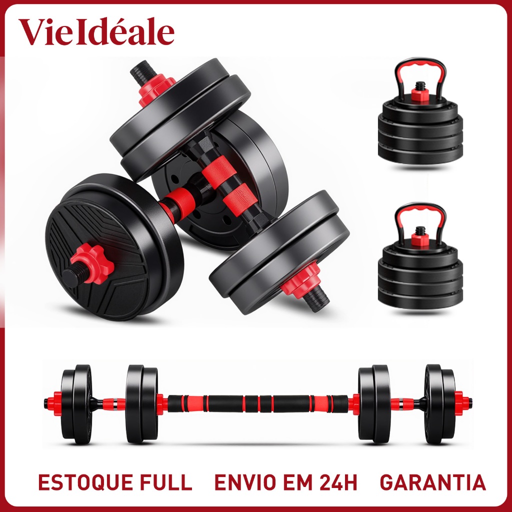 Kit Halteres 6 Em 1 Musculação Até 15kg Ajustável Kettlebell Barra Anilha