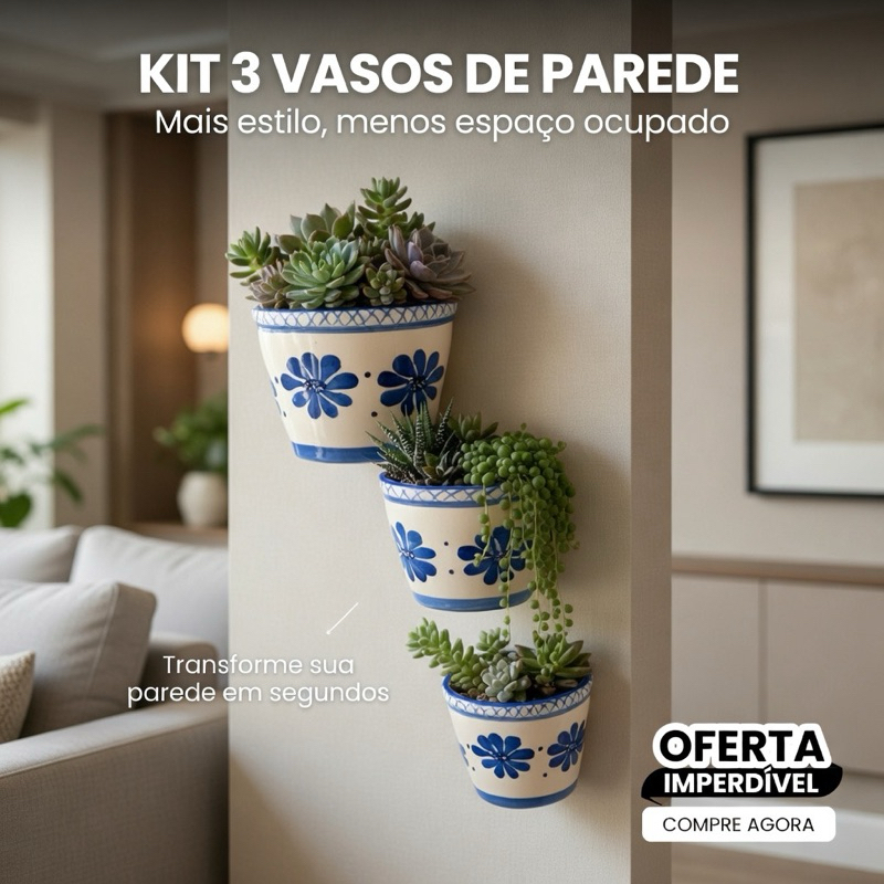 Kit 3 Floreira de Parede em Cerâmica Artesanal Desenhada à Mão | Vaso Decorativo para Plantas e Jardim