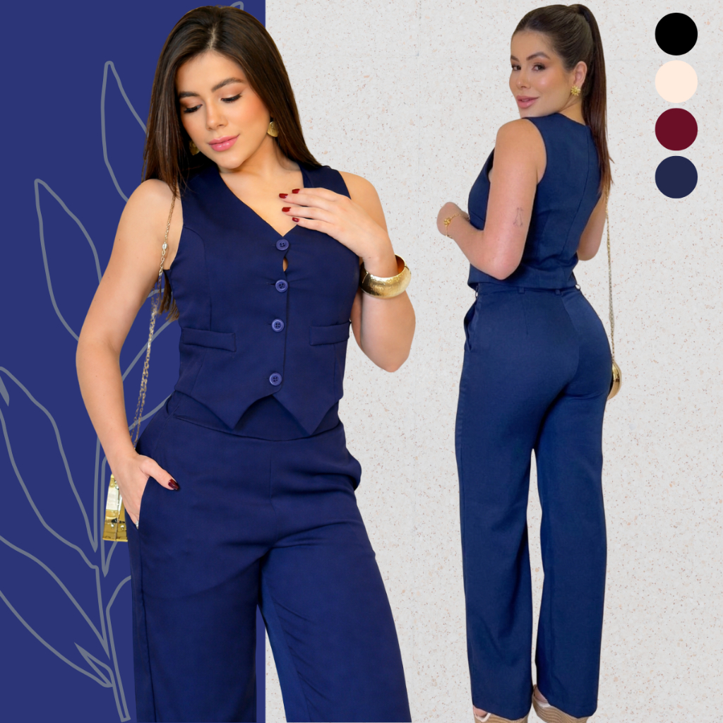 Conjunto Feminino Alfaiataria Colete e Calça Pantalona Social Elegante Trabalho Moda Executiva em Oferta na Shopee