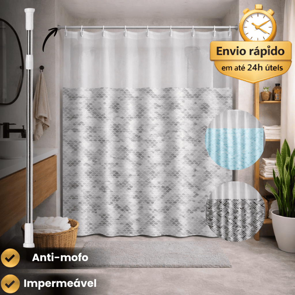 Cortina Box Banheiro Anti Mofo Com Ganchos Varias Cores + Varão Extensível Suporte 1,10m a 2,00m