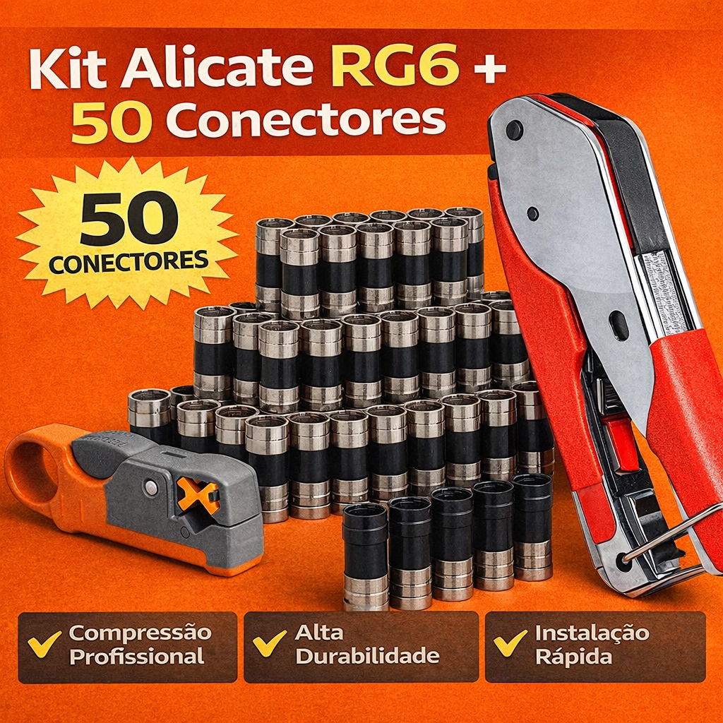 Kit Alicate Compressão RG6 + 50 Conectores RG6 Preto + Decapador Profissional