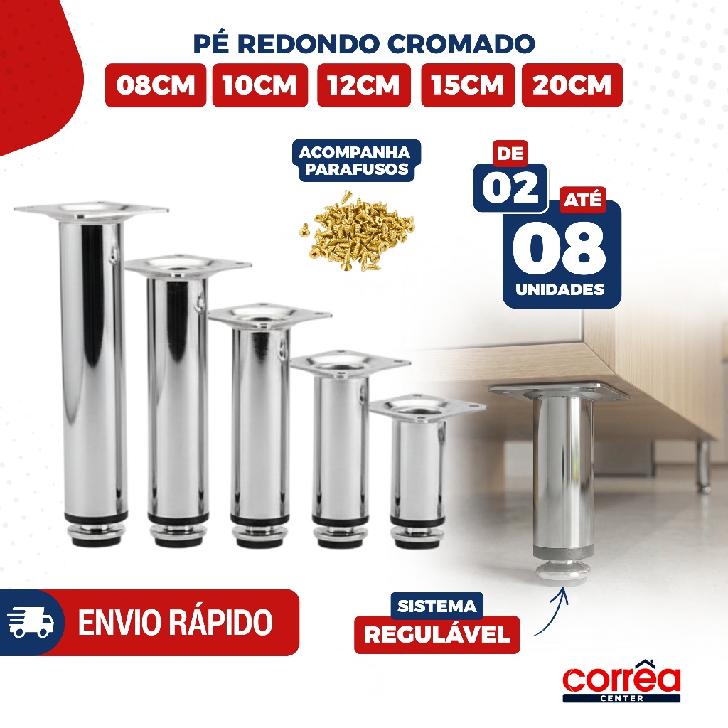 Pé Redondo Cromado para Móveis 8cm a 20cm – Regulável – 2 4 6 ou 8 Unidades em Oferta na Shopee